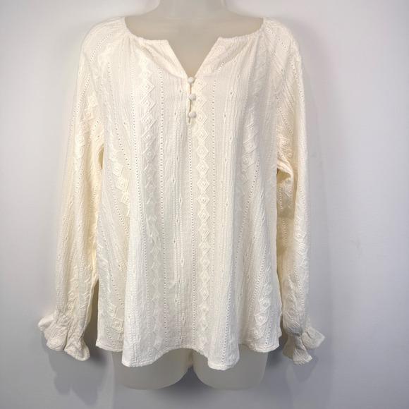 Frye Tops - FRYE Cream Textured Boho Peasant Blouse Womens Medium Puff Sleeve